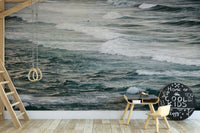 A graceful cold water wall mural in cool, natural tones.

