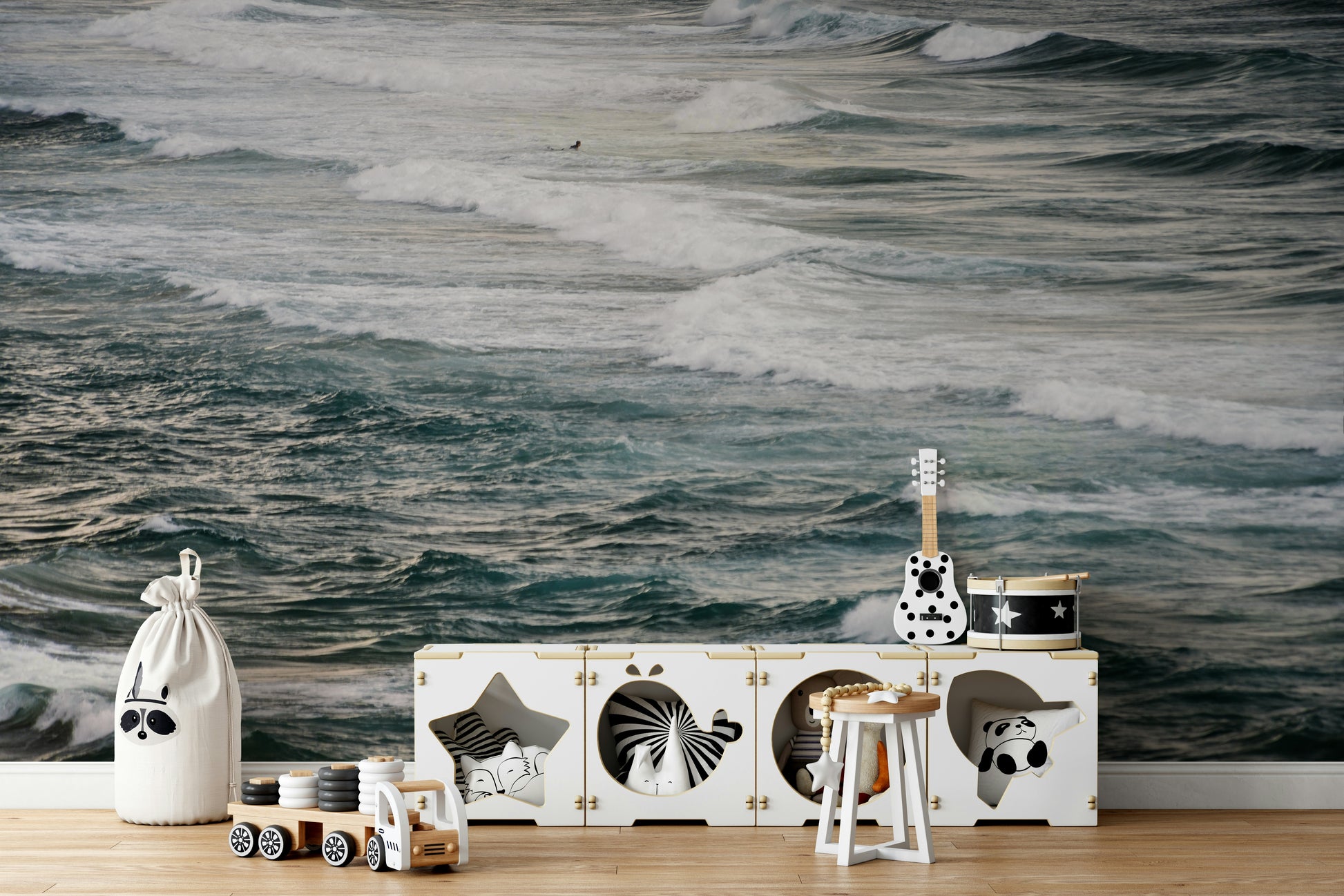 An artistic winter wave mural on minimalist wallpaper.

