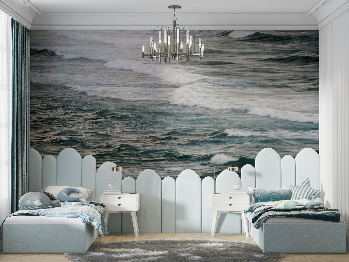 A peaceful winter surf mural on decorative wallpaper.

