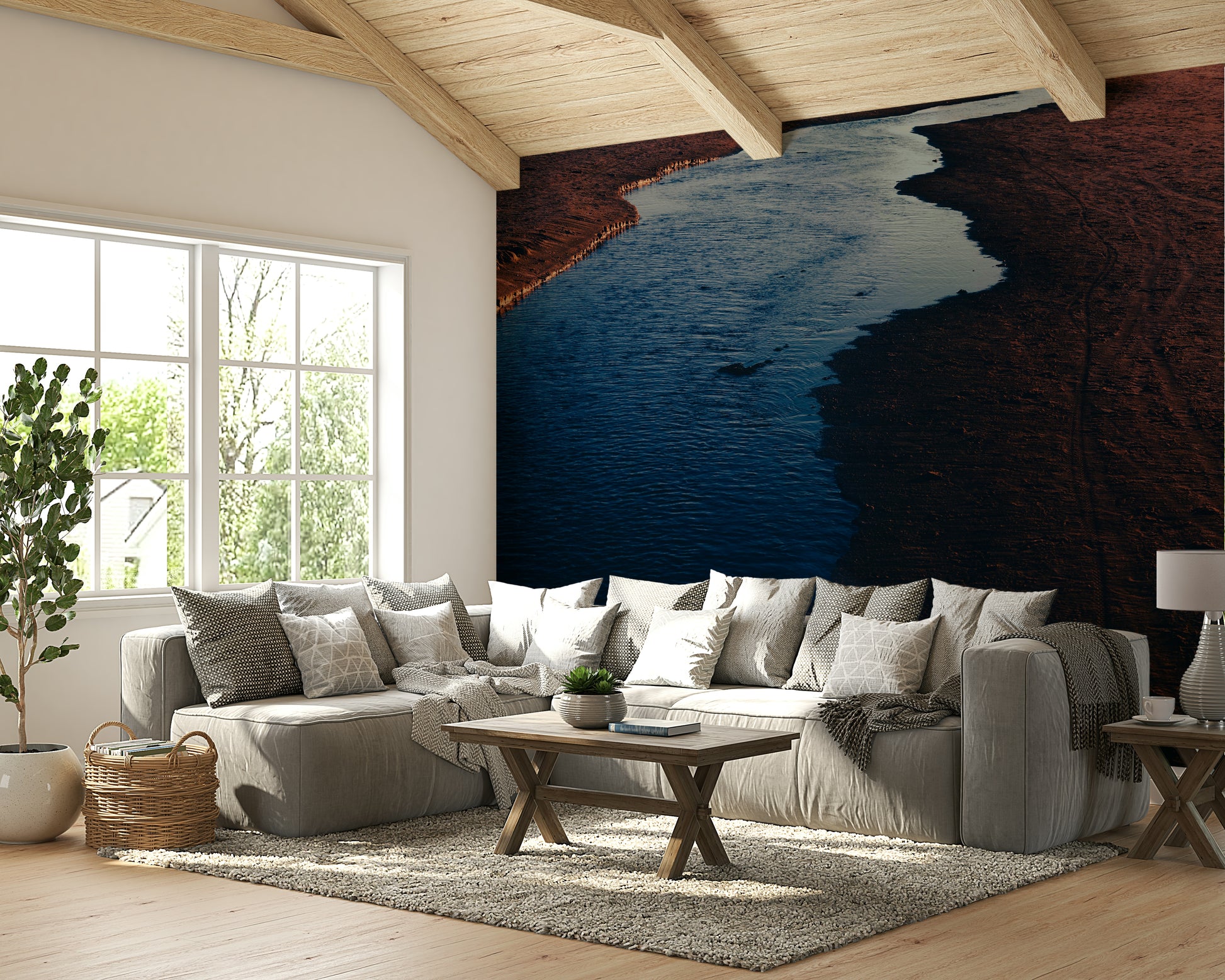 A calming abstract design wallpaper mural that defines a space.

