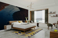 An artistic moody river mural on minimalist wallpaper.

