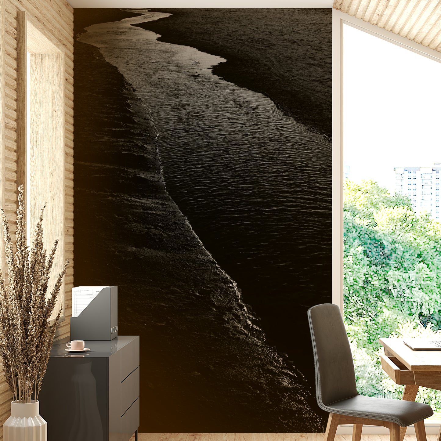 A contemplative dark water wallpaper mural for a feature wall.

