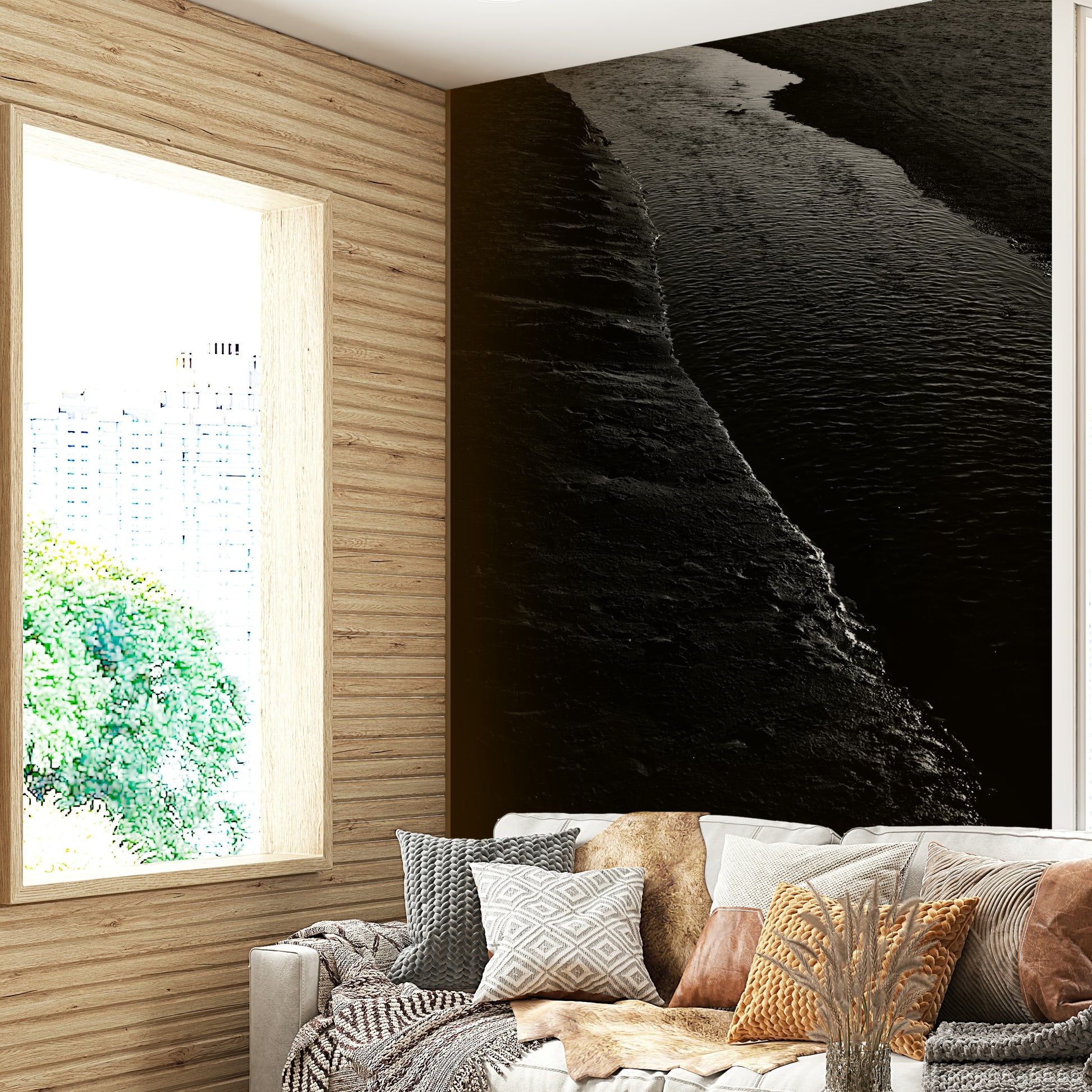 A graceful natural scene wall mural in rich, dark tones.


