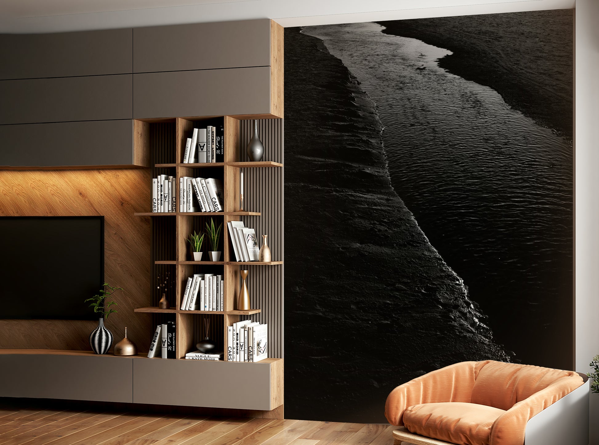 An artistic night river mural on scenic wallpaper.

