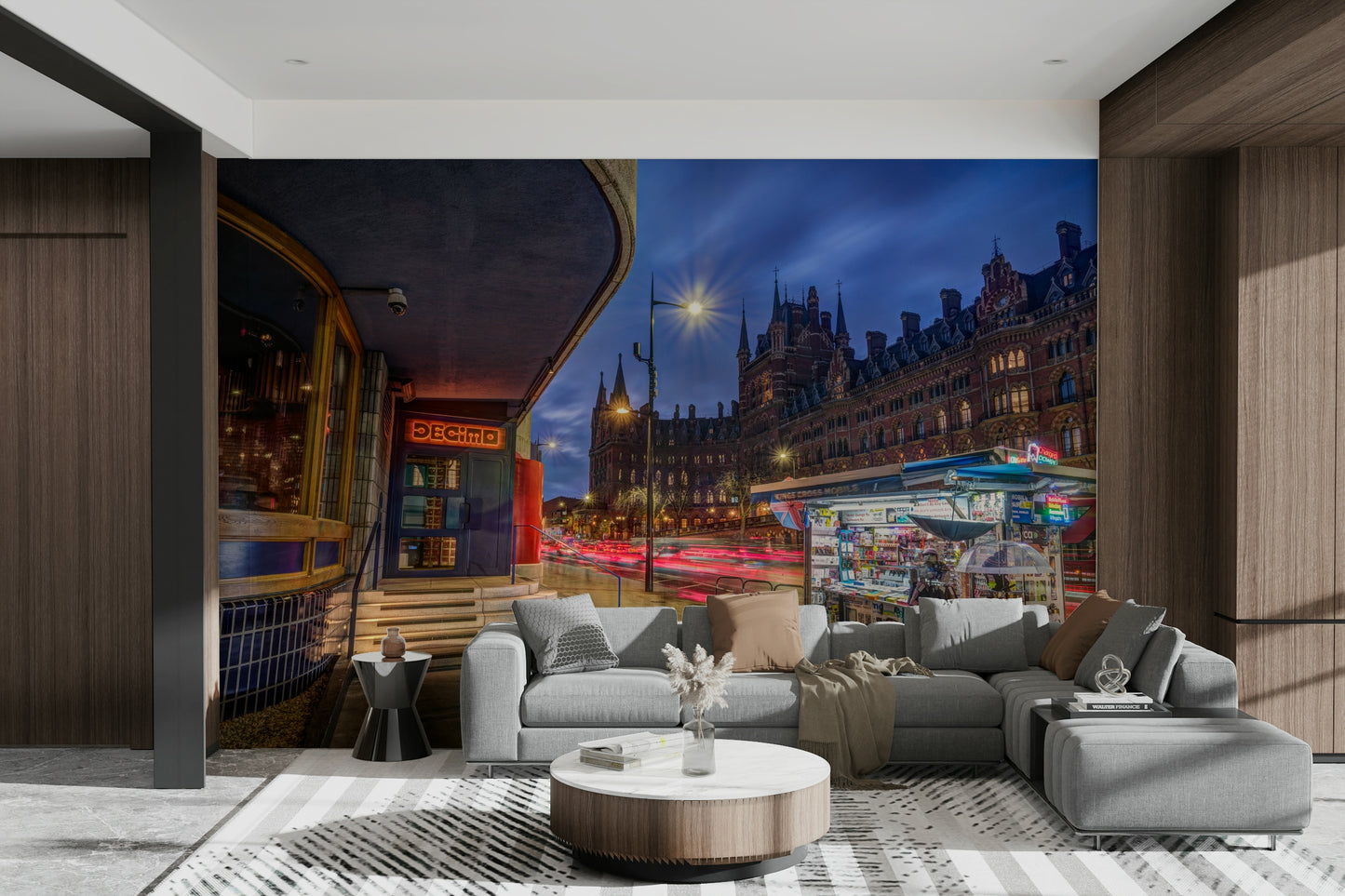 An artistic night photography mural on historic wallpaper.

