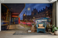 A peaceful urban night mural on decorative wallpaper.

