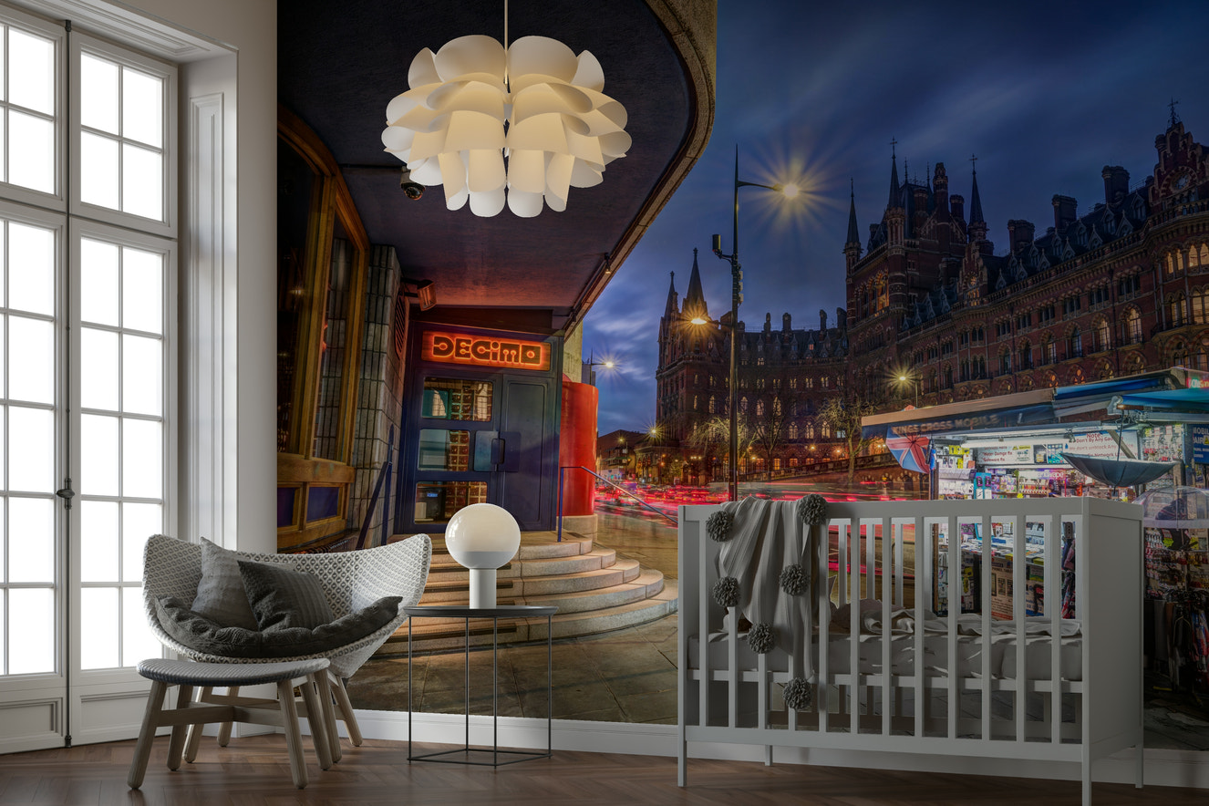 A beautiful London street wallpaper mural at night with light trails.

