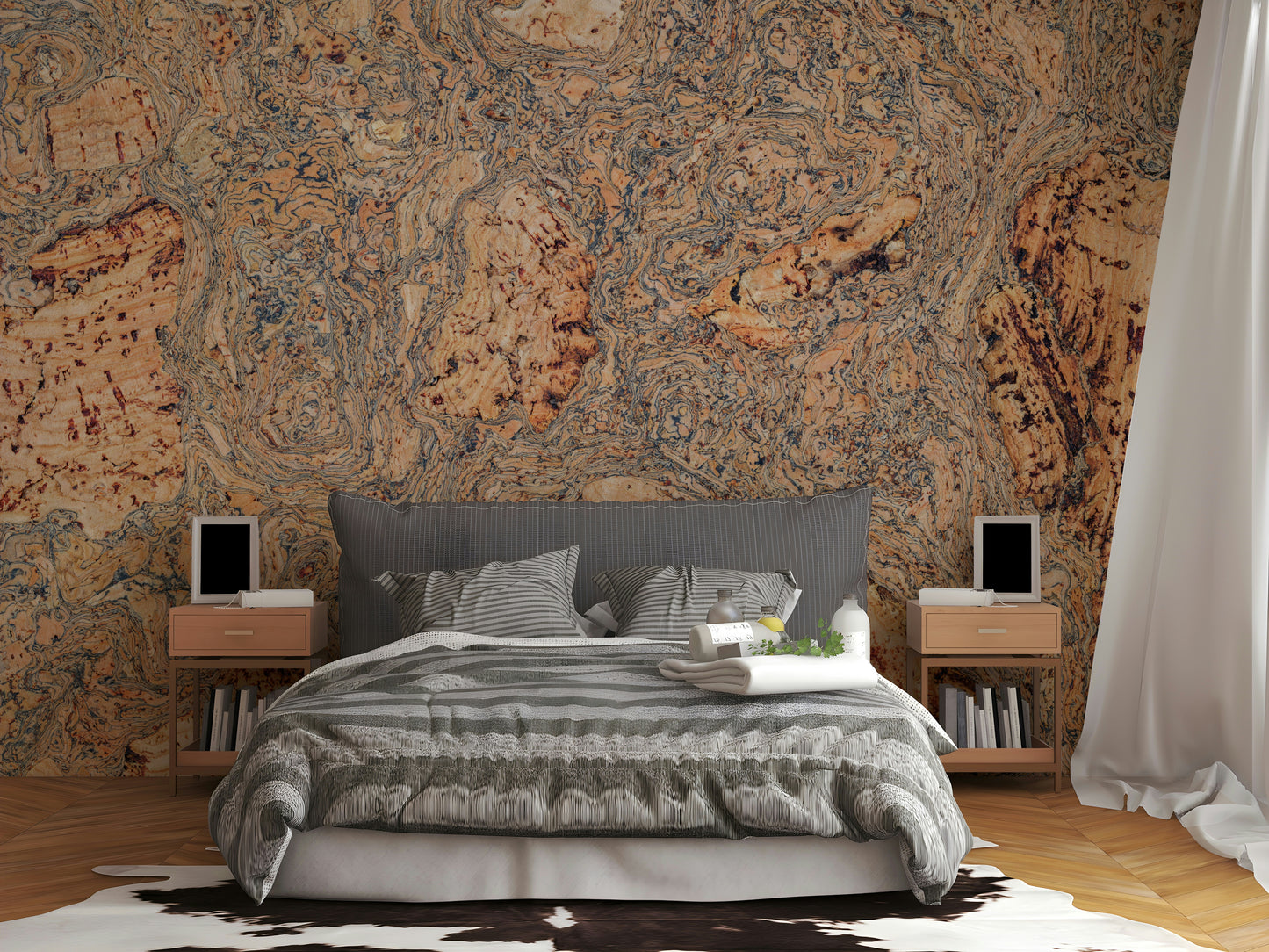 An artistic abstract wood mural on minimalist wallpaper.

