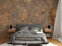 An artistic abstract wood mural on minimalist wallpaper.

