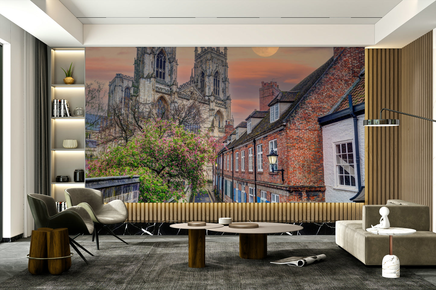 A peaceful charming street mural on decorative wallpaper.

