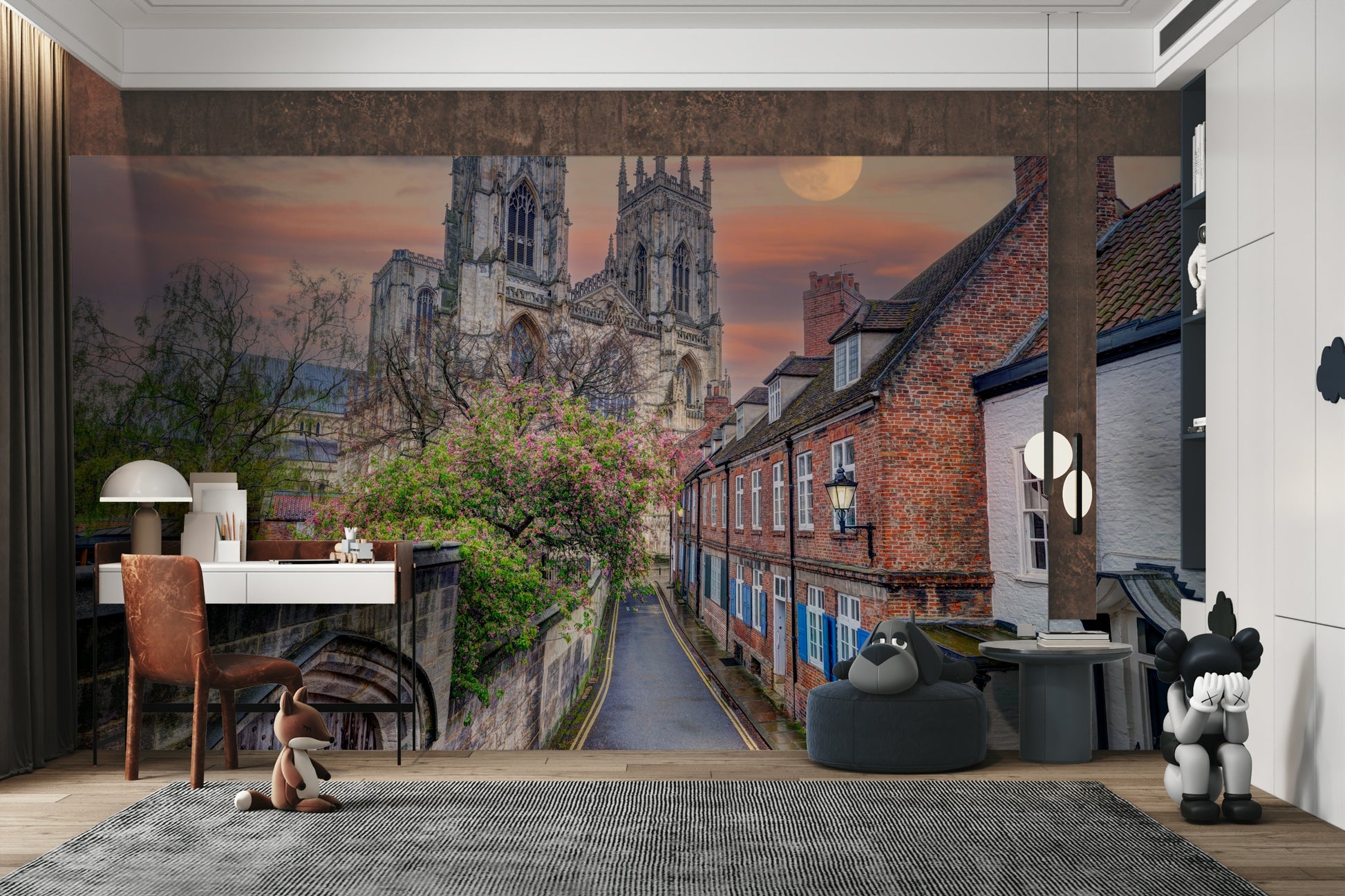 A calming ancient building wallpaper mural that defines a space.

