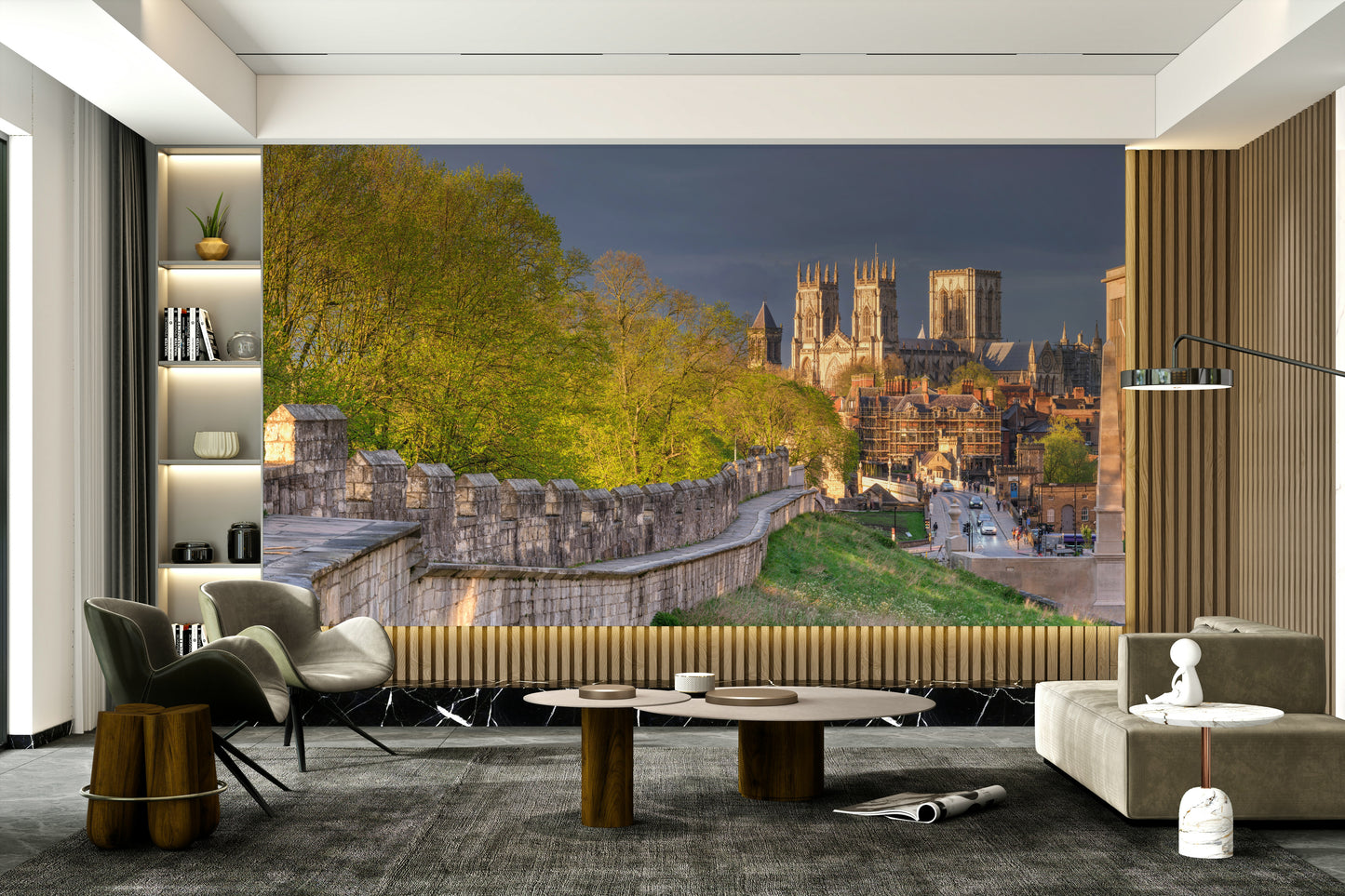 A graceful classic stone wall mural in timeless tones.

