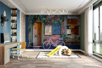 A beautiful cafe street wallpaper mural with a bicycle.

