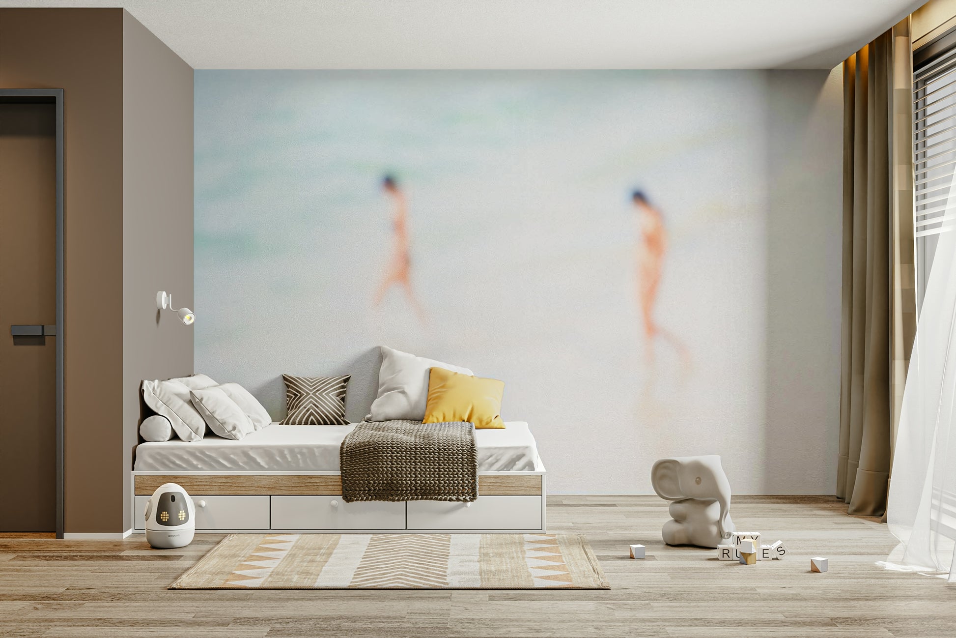 An artistic seaside view mural on minimalist wallpaper.

