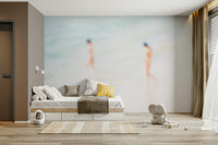 An artistic seaside view mural on minimalist wallpaper.

