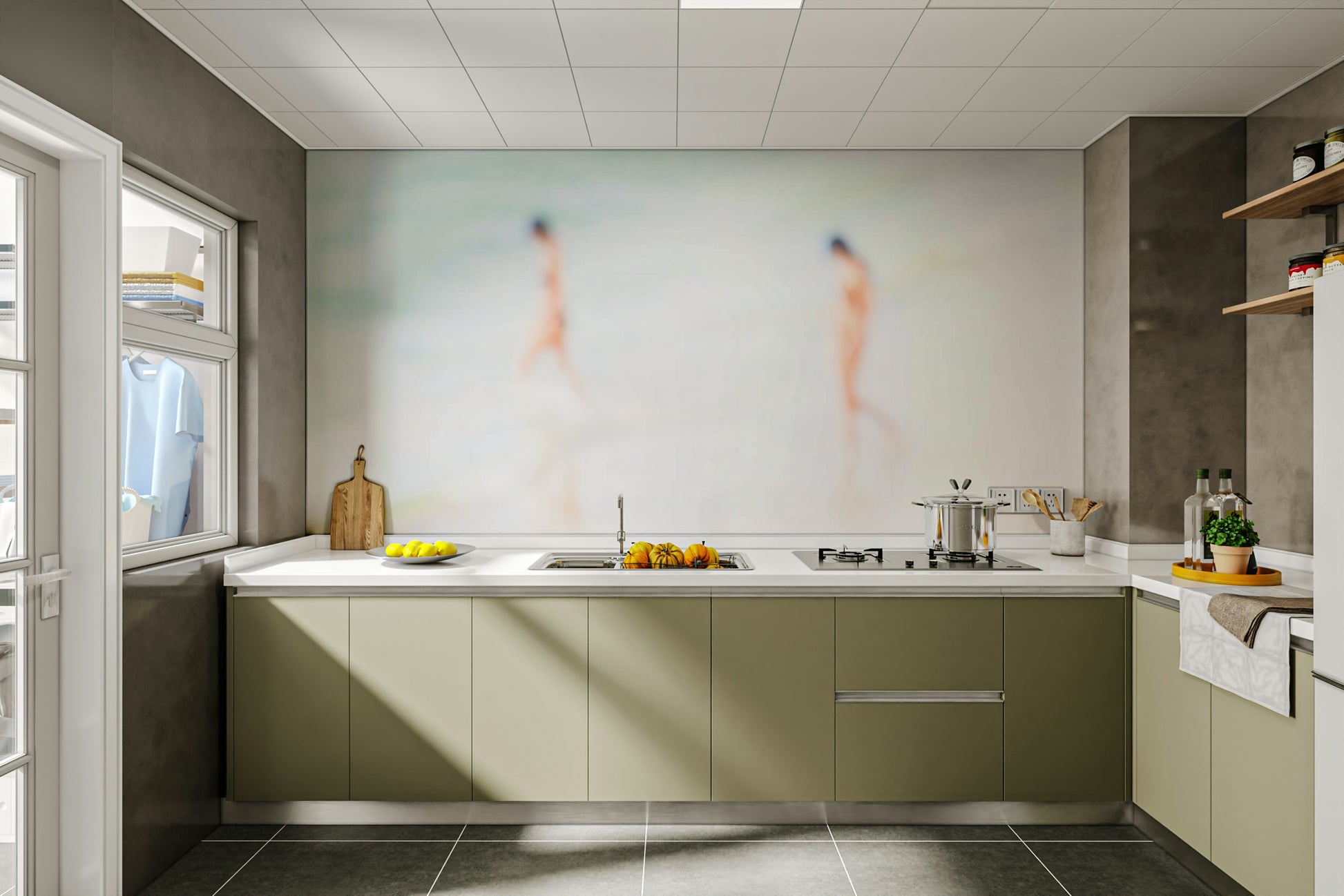 An artistic coastal landscape mural for home decor.

