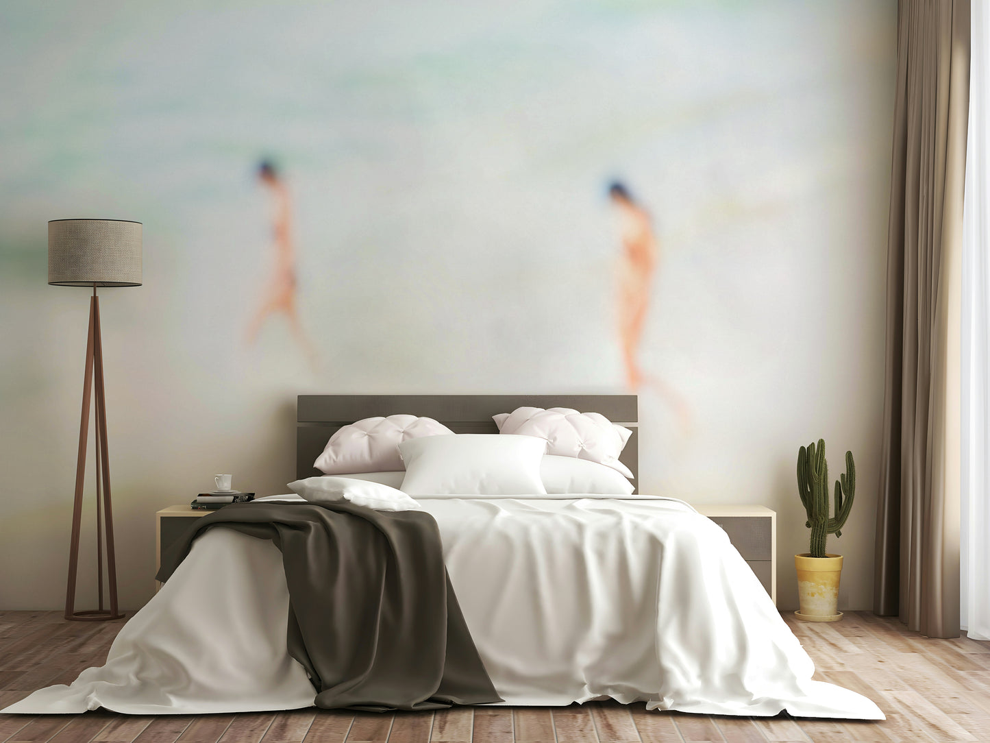 A graceful wave motion wall mural in cool, natural tones.

