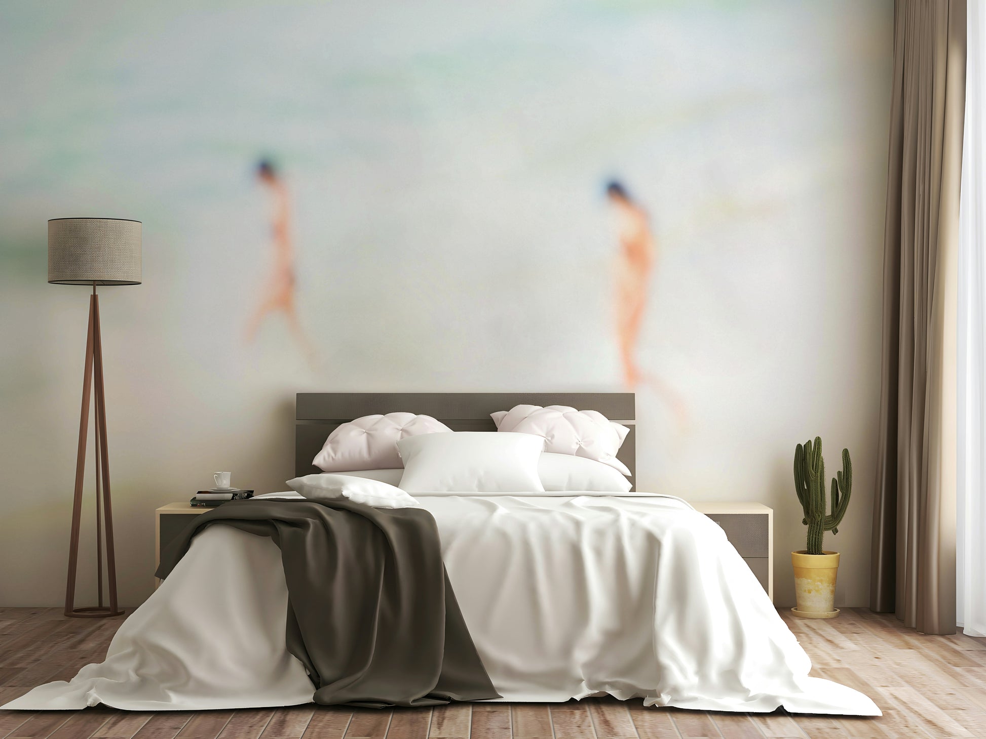 A graceful wave motion wall mural in cool, natural tones.

