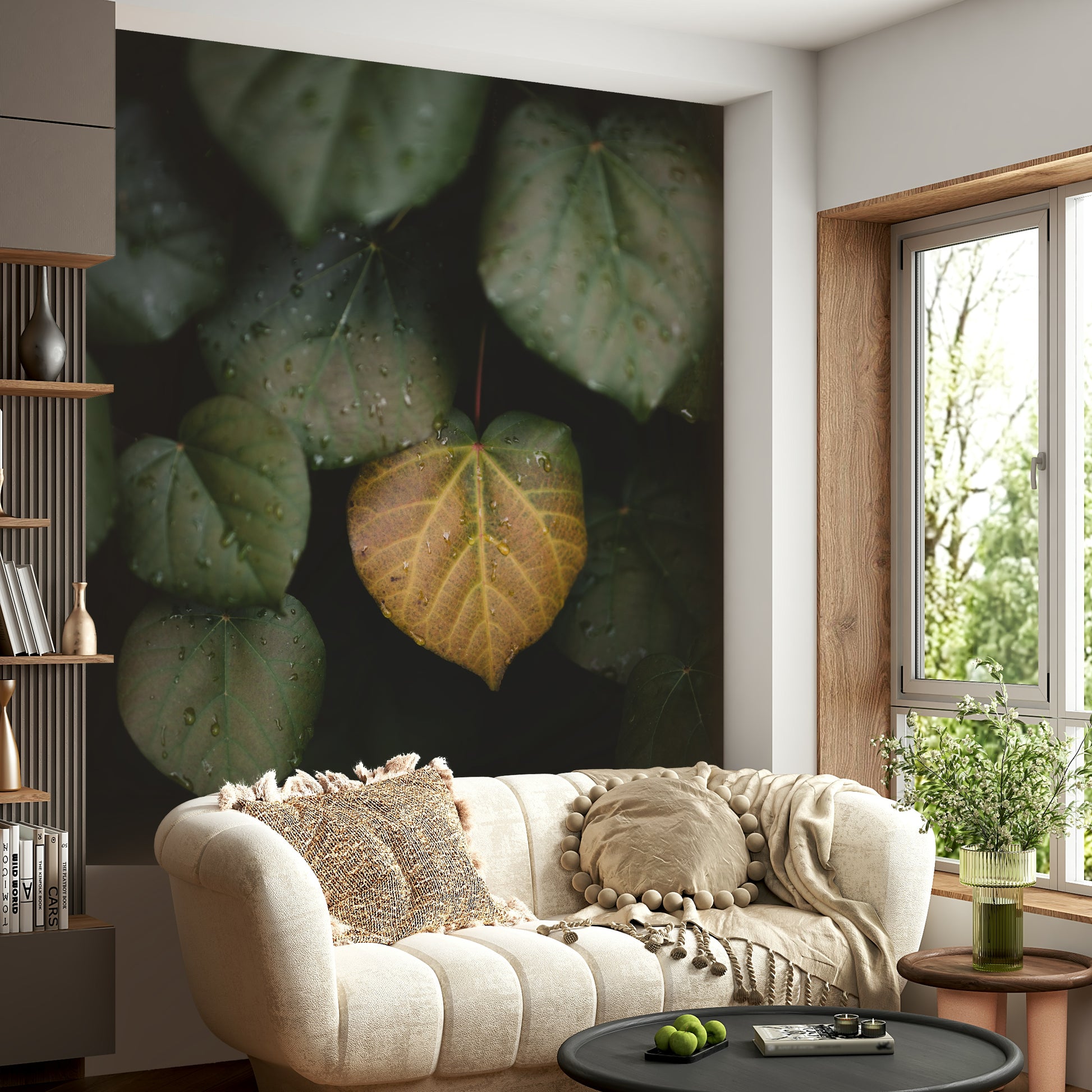 A graceful subtle leaf wall mural in cool, natural tones.

