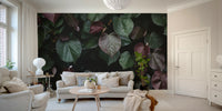 A graceful subtle leaf pattern wall mural in cool, white tones.

