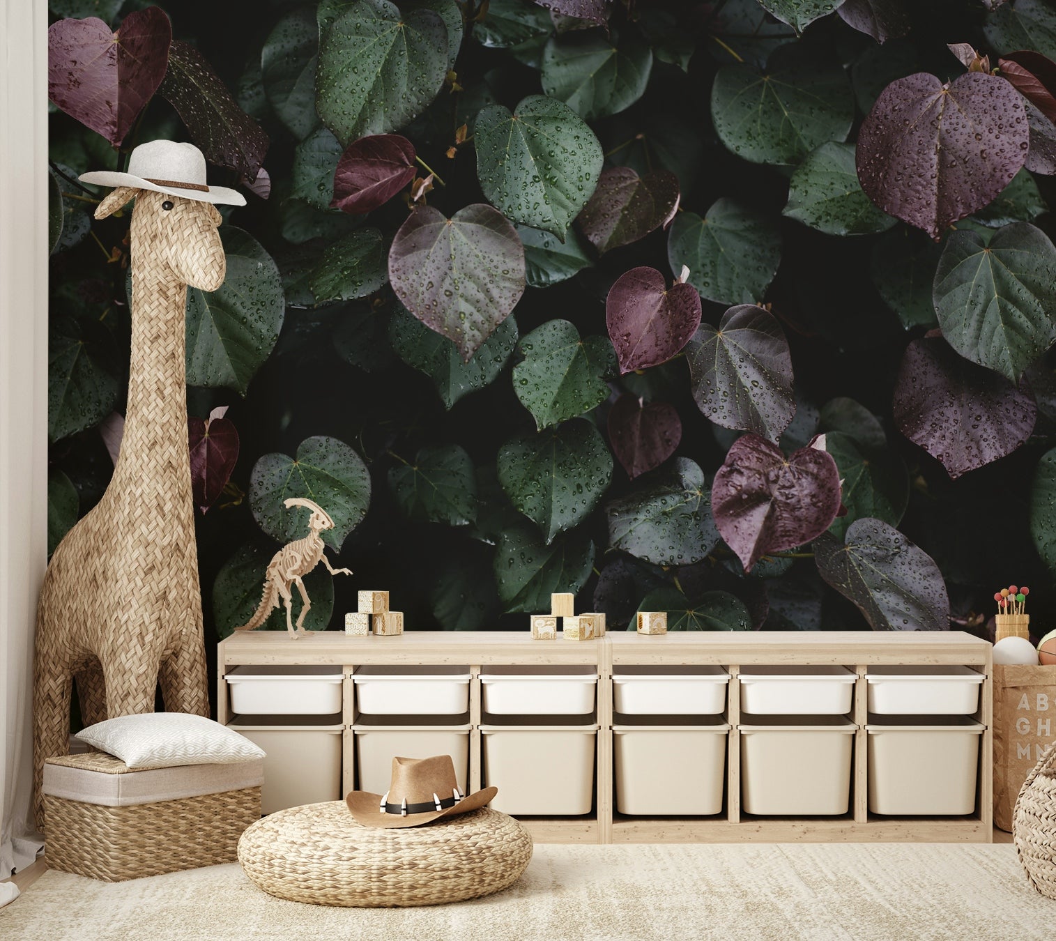 A peaceful organic nature mural on decorative wallpaper.

