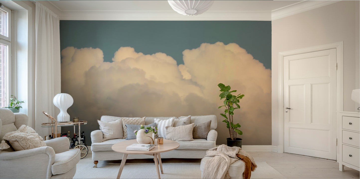 A graceful subtle cloud wall mural in bright blue tones.

