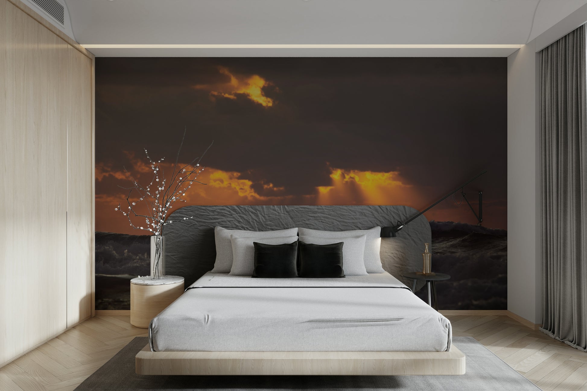 A sophisticated abstract design wall mural in cool, natural tones.

