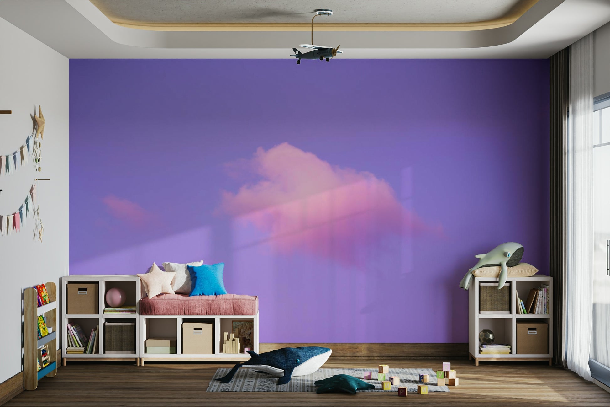 An artistic dreamy sky mural on minimalist wallpaper.


