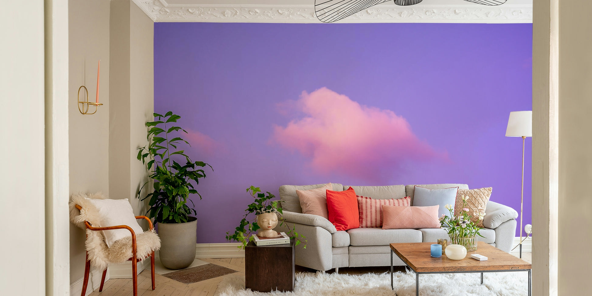 A graceful subtle cloud wall mural in bright blue tones.

