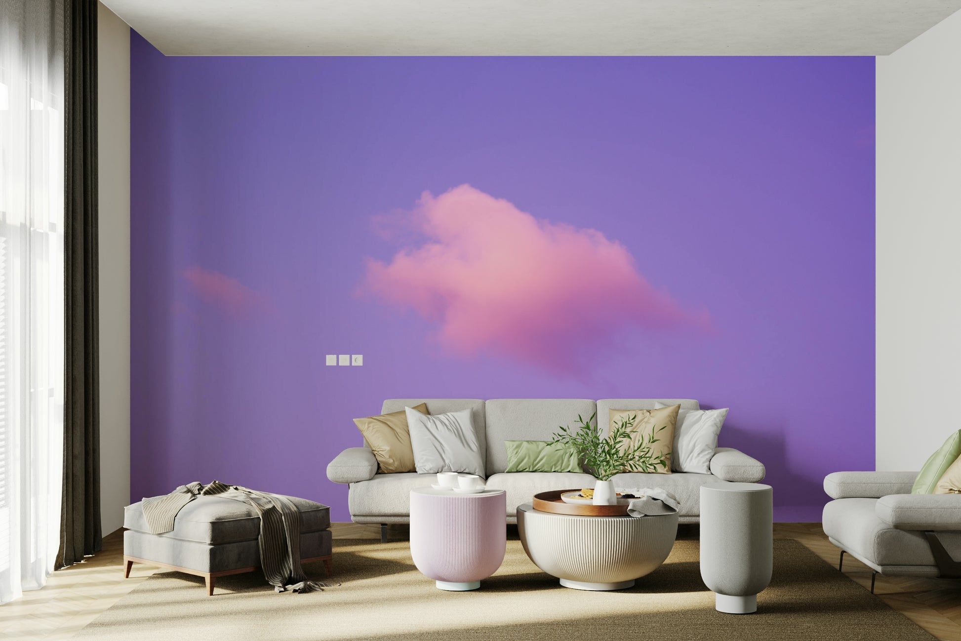 A peaceful open sky mural on decorative wallpaper.

