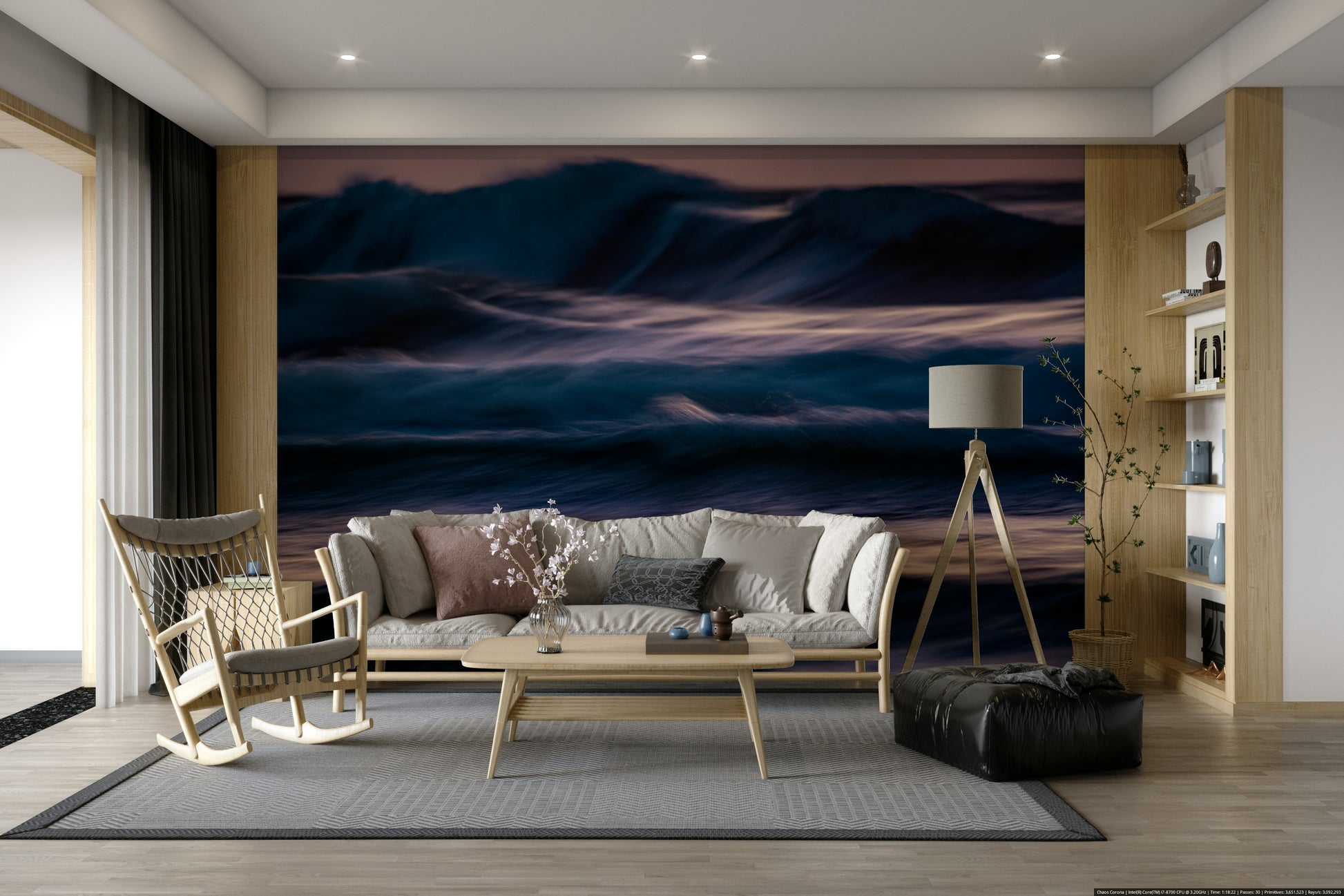A beautiful abstract ocean wall mural for a living room.

