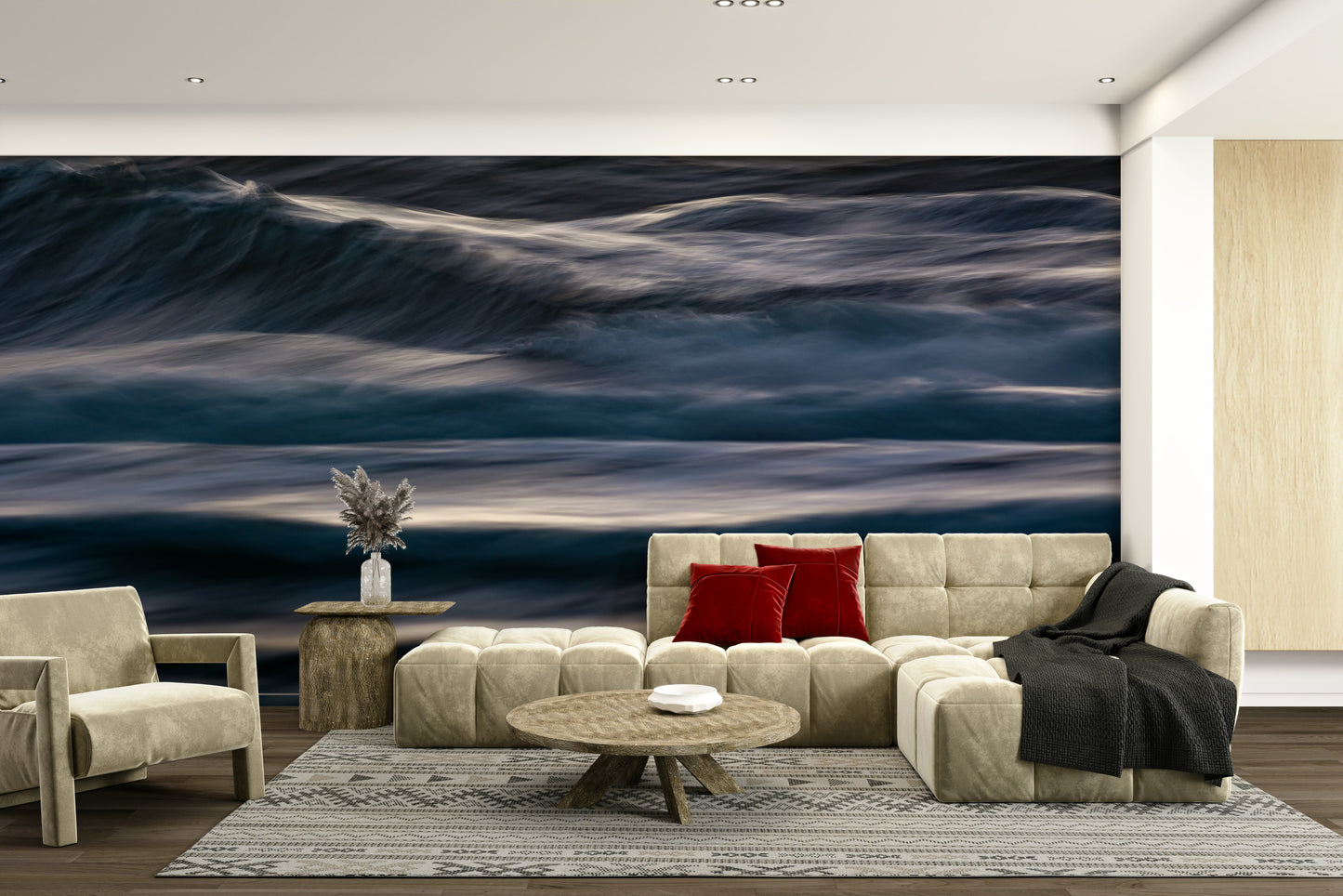 A beautiful abstract ocean wall mural for a living room.

