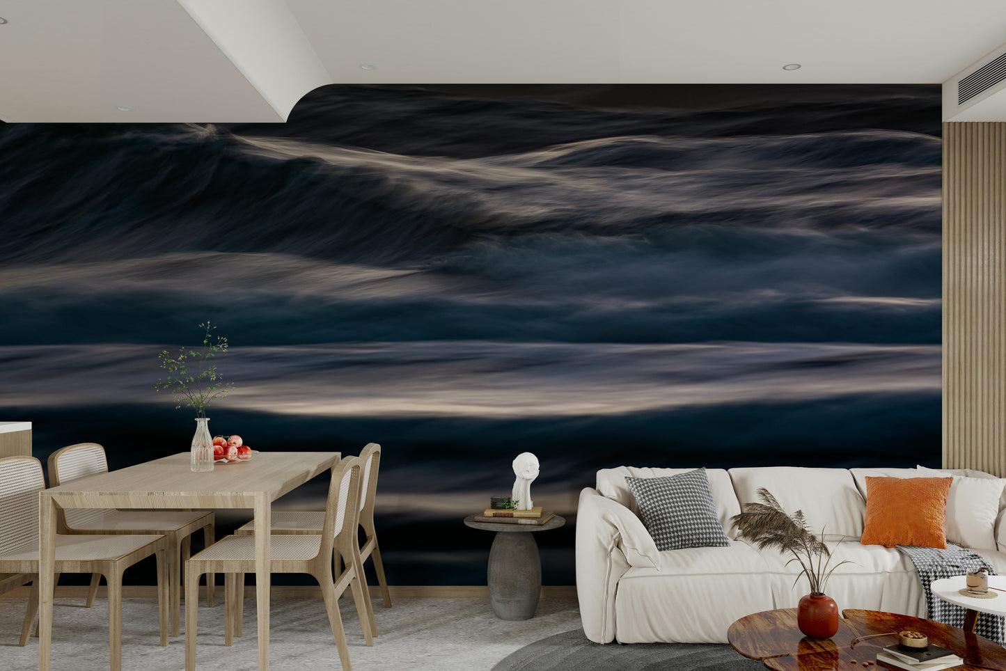 A peaceful open ocean mural on decorative wallpaper.

