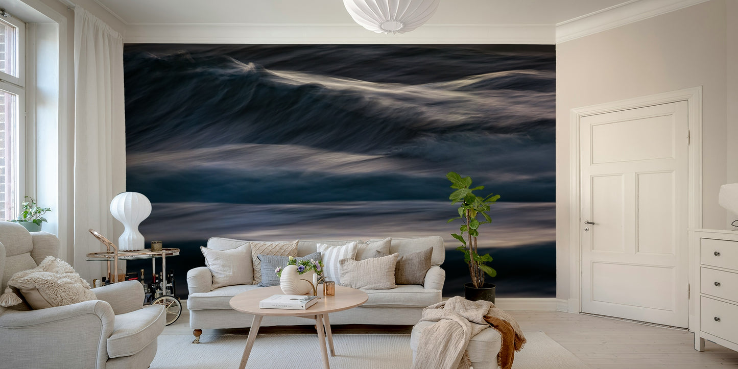 An artistic coastal scene mural on minimalist wallpaper.

