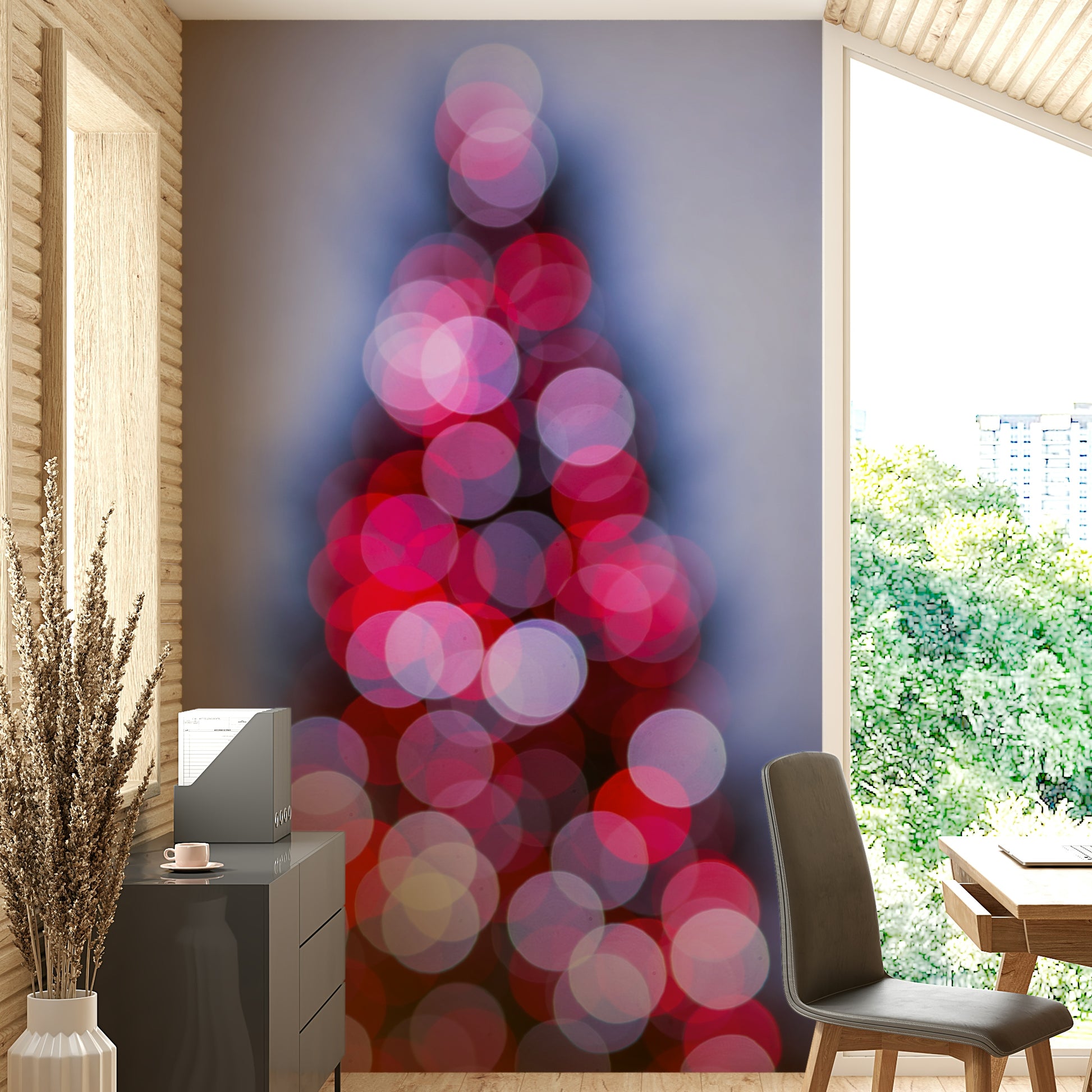 A calming festive design wallpaper mural that defines a space.

