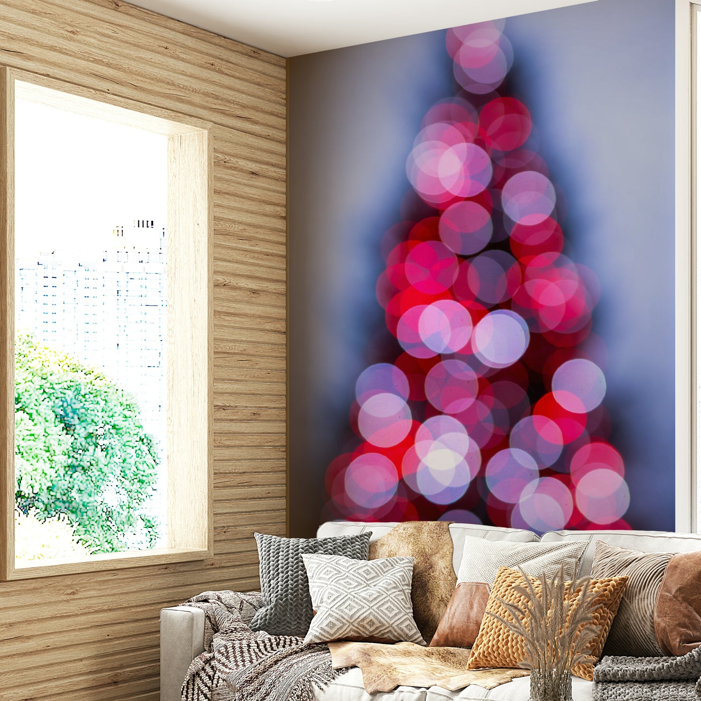 A peaceful urban evening mural on decorative wallpaper.

