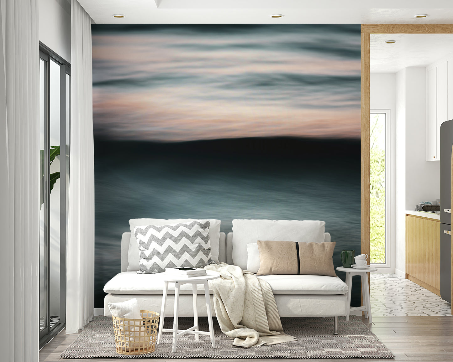 A beautiful abstract ocean wall mural for a living room.

