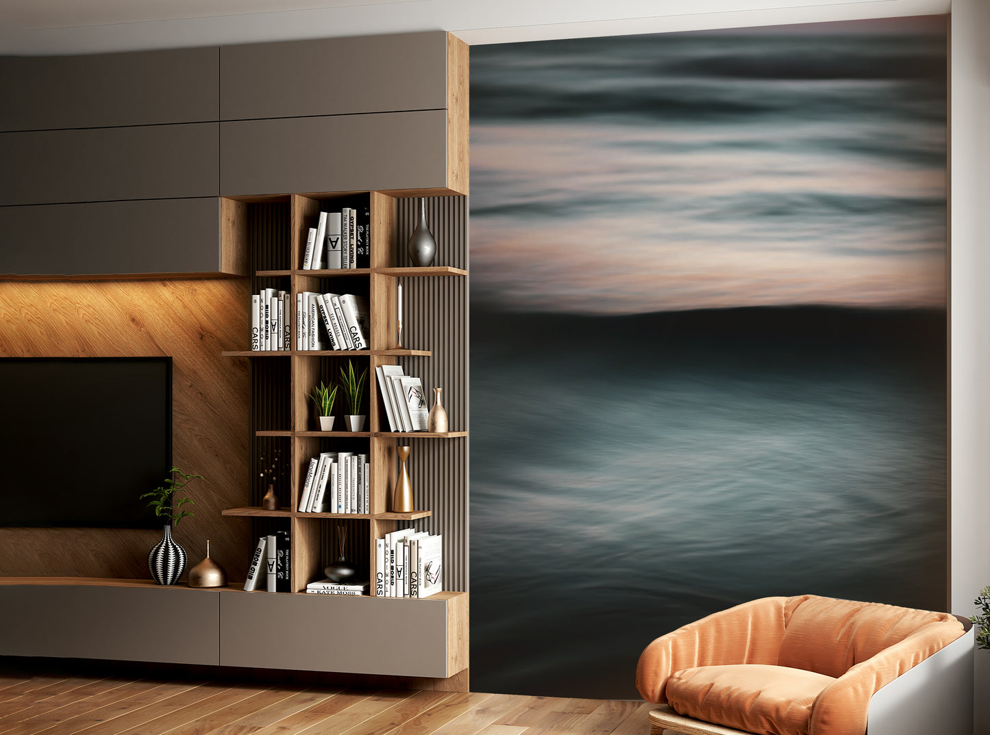 An artistic coastal scene mural on minimalist wallpaper.

