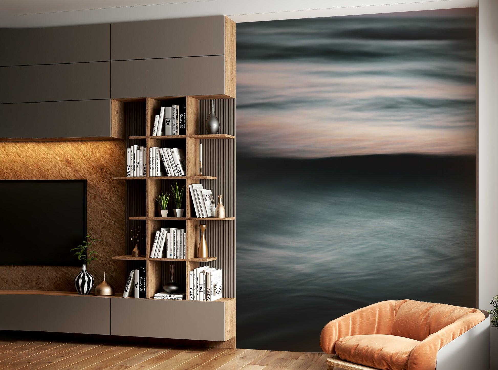 An artistic coastal scene mural on minimalist wallpaper.

