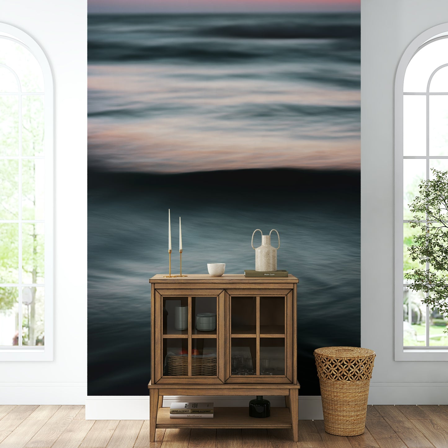 A peaceful open ocean mural on decorative wallpaper.

