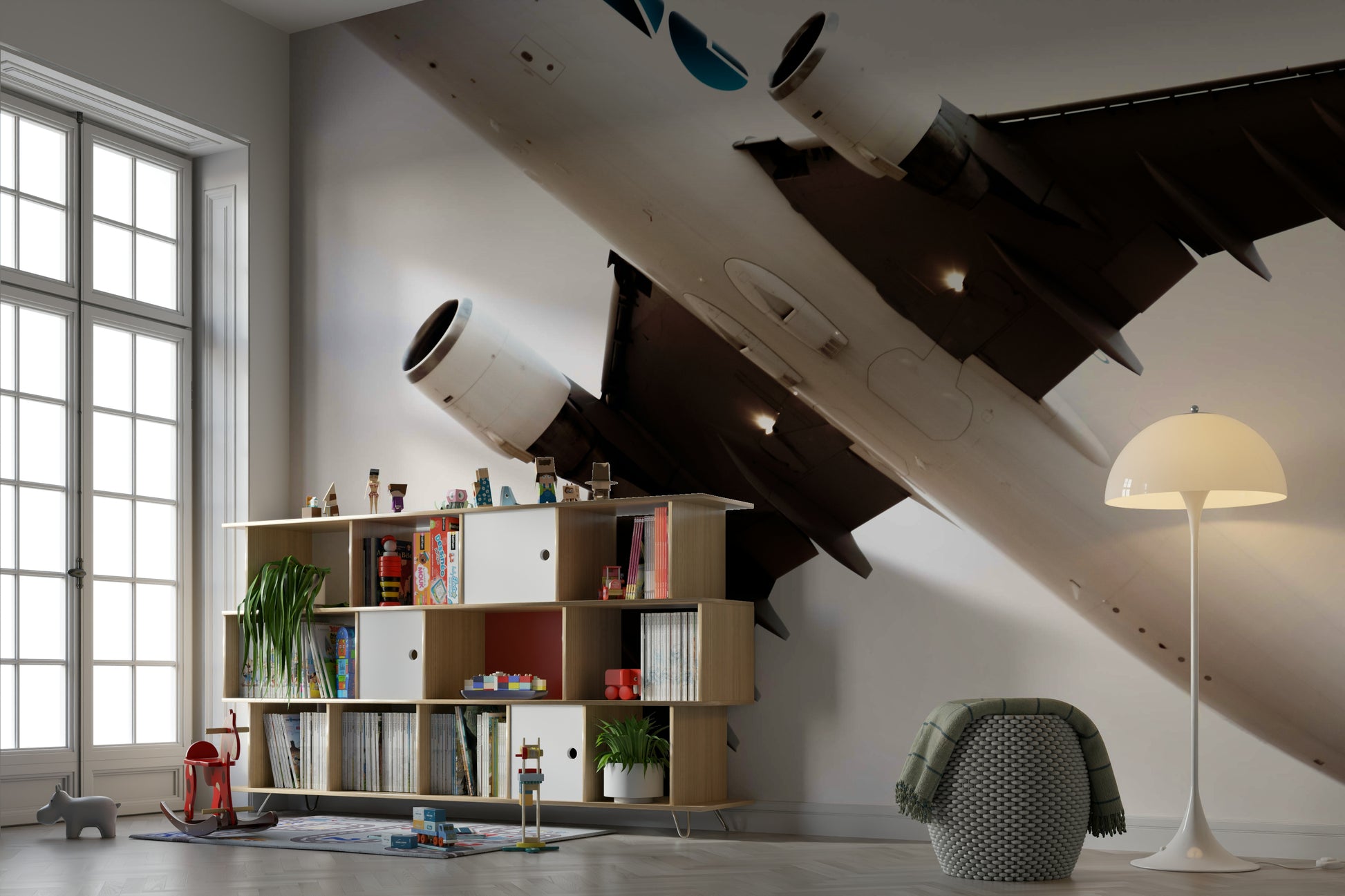 An artistic overhead view mural on minimalist wallpaper.

