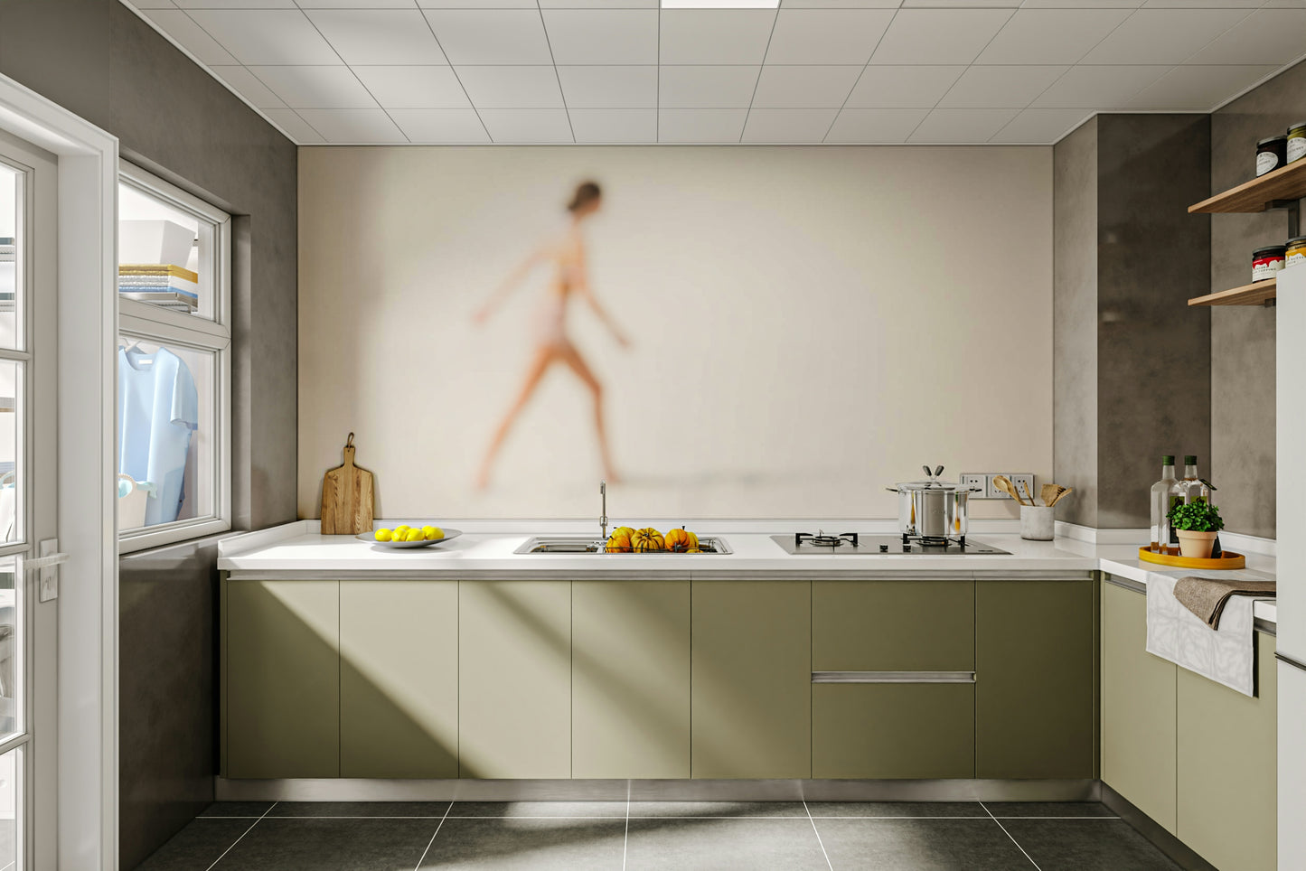 A graceful wave motion wall mural in cool, natural tones.

