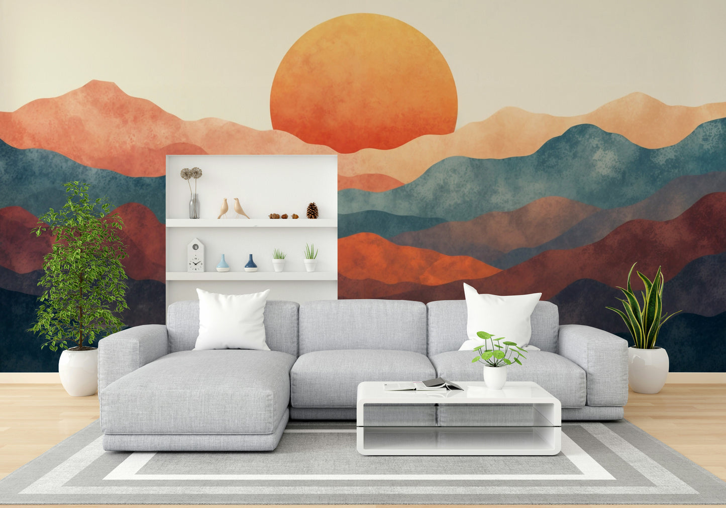 An artistic color gradient mural on minimalist wallpaper.

