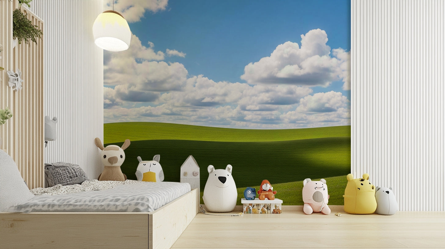 A contemplative green landscape wallpaper mural for a feature wall.

