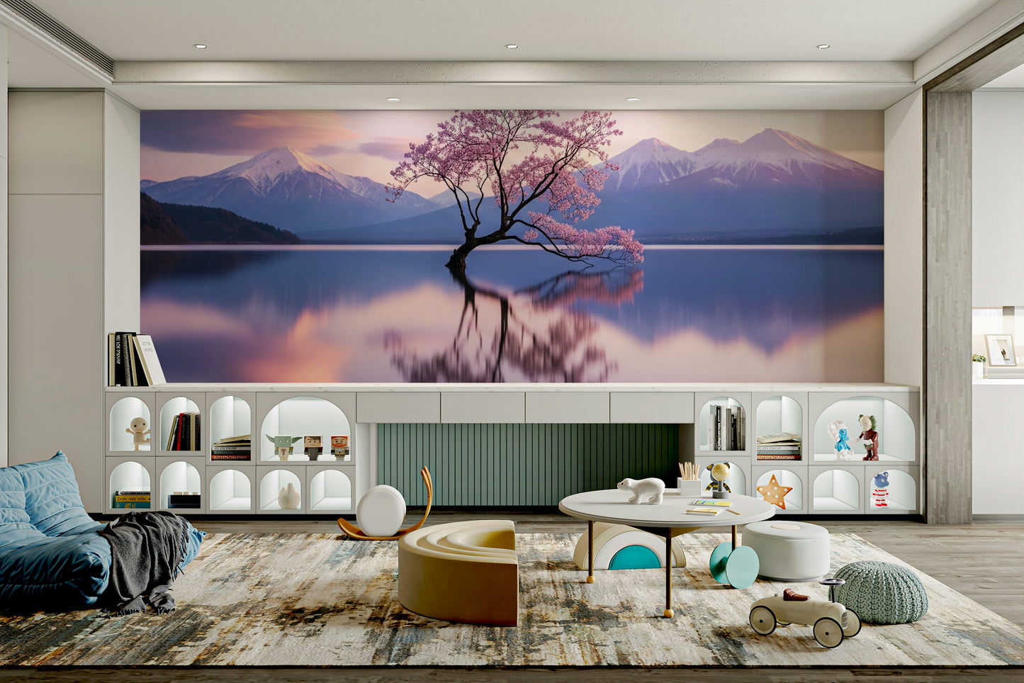 A peaceful lake reflection mural on decorative wallpaper.

