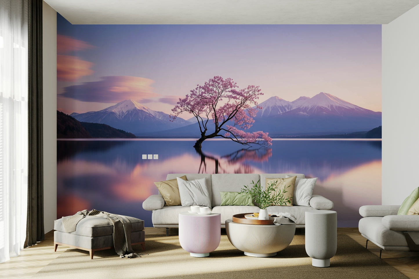 A graceful subtle blossom wall mural in cool, natural tones.

