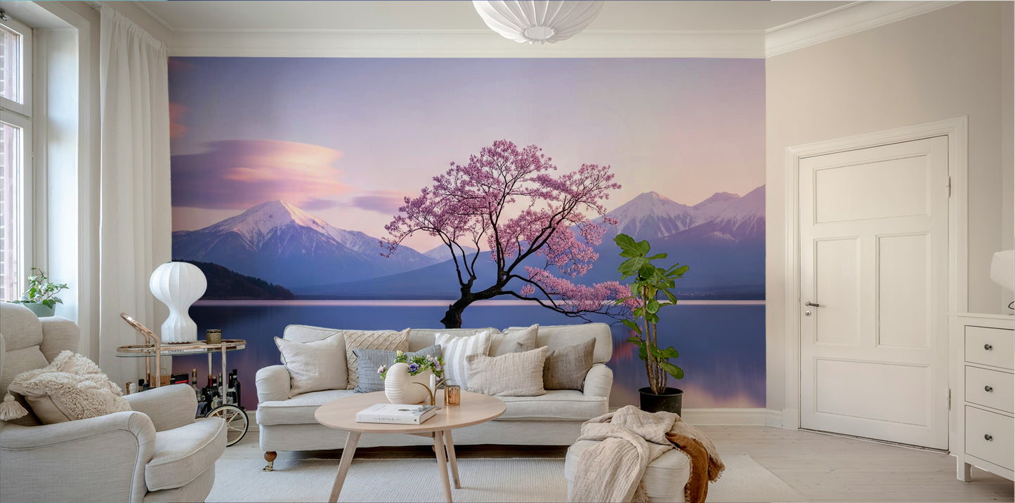 A beautiful serene mountain wallpaper mural with reflection.

