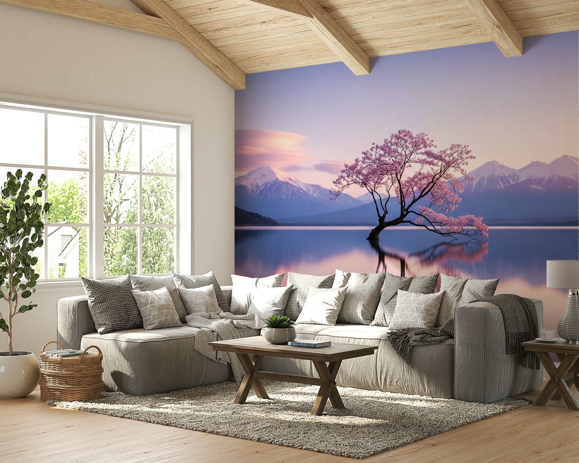 A calming blossom design wallpaper mural that defines a space.


