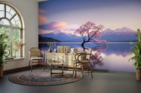 An artistic blossom mirror mural on minimalist wallpaper.

