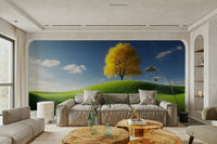 An artistic sunlit woods mural on minimalist wallpaper.

